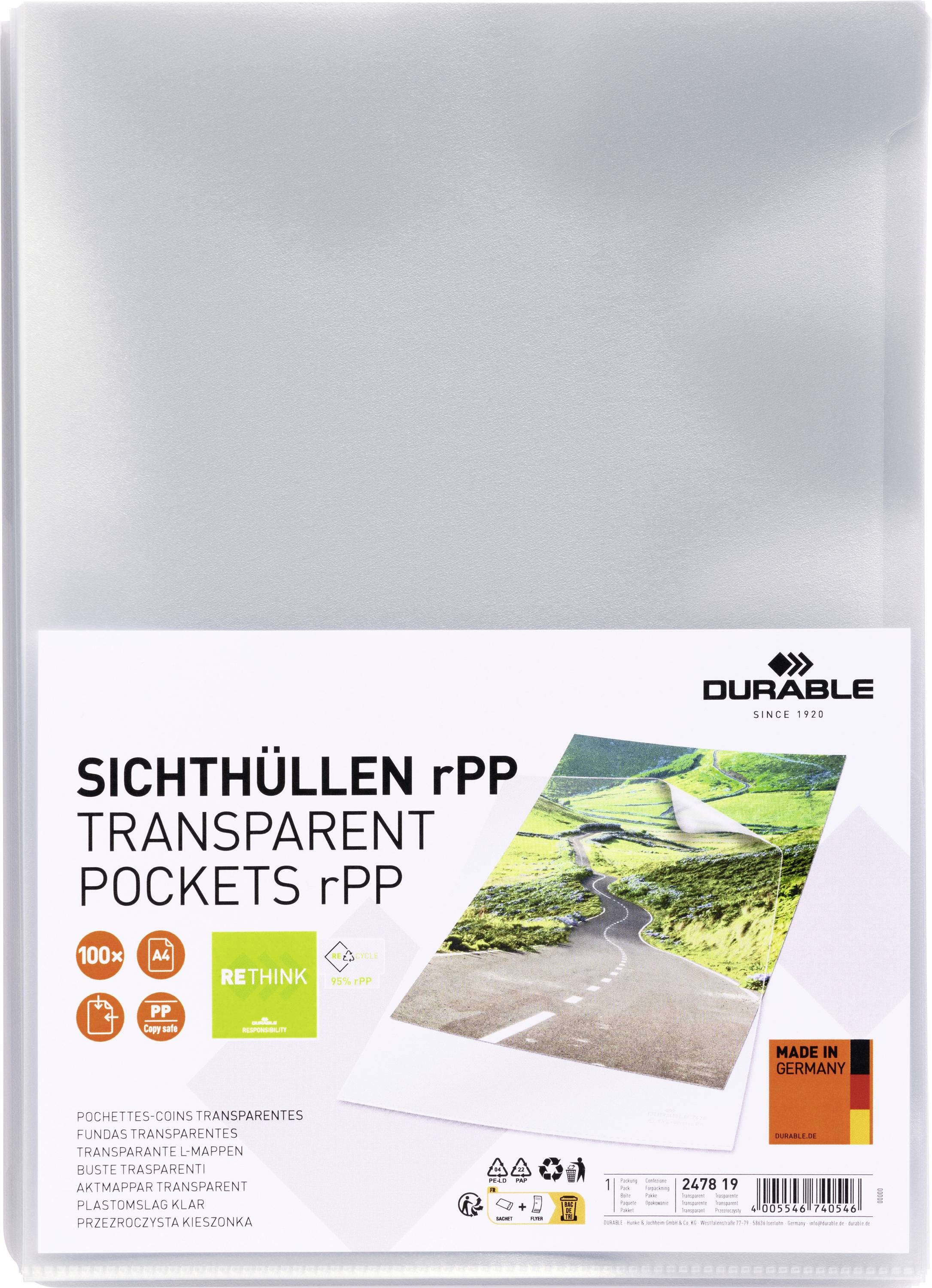 Durable Genomskinlig plastficka STANDARD rPP DIN A4 Plast att återvinna, Plast 0.10 mm Transparent 247819 100 st