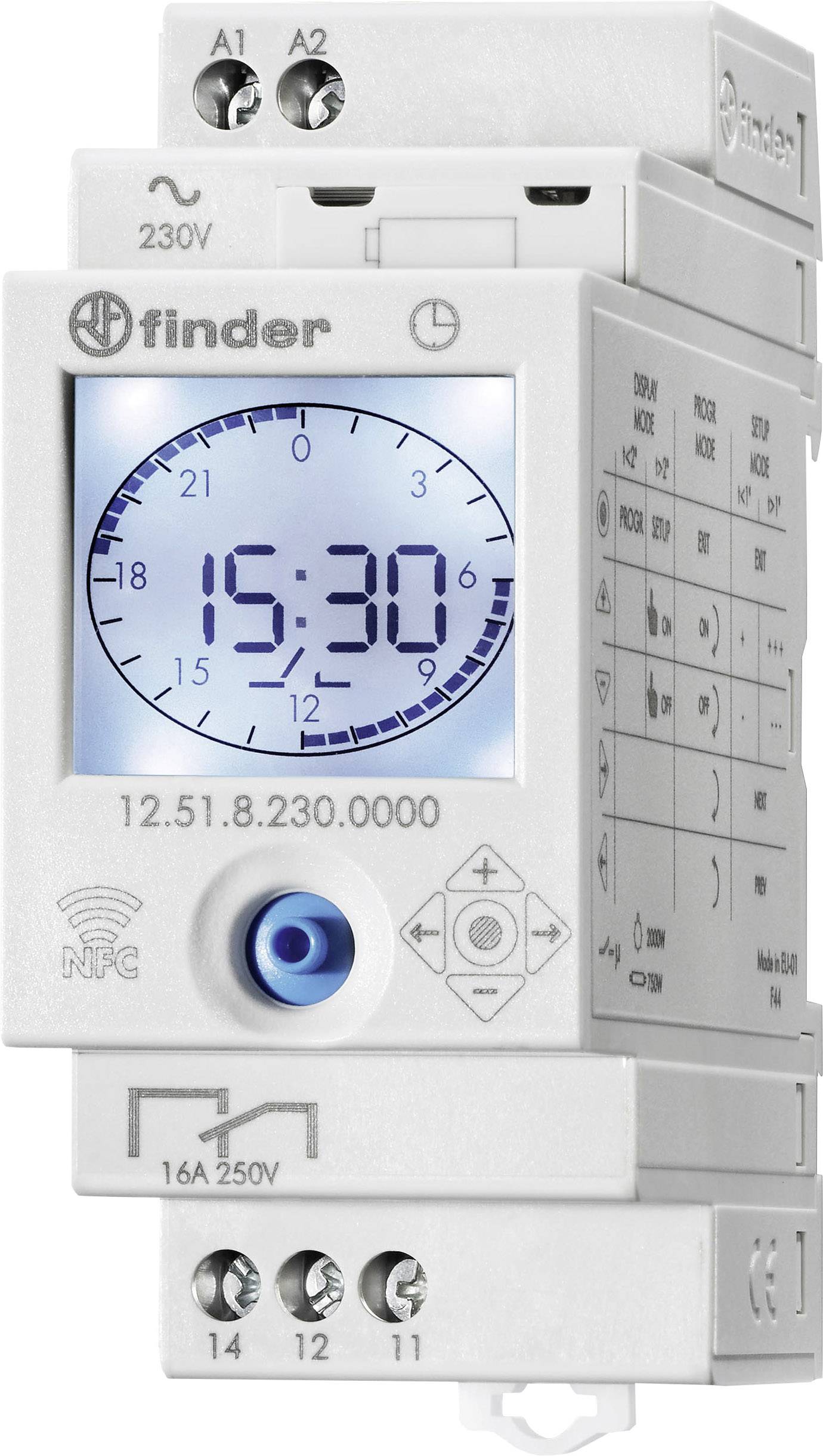 Finder 12.51.8.230.0000 kopplingsur för DIN-skena 230 V/AC Dagsprogram, Veckoprogram