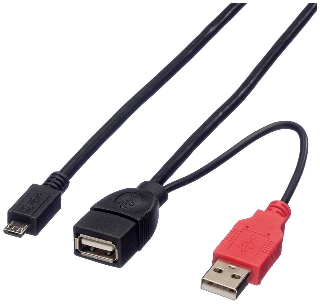 Roline USB-kabel USB 2.0 USB-A kontakt, USB-A uttag, USB-Micro-B-kontakt 1.00 m Svart Skärmad 19.08.1009