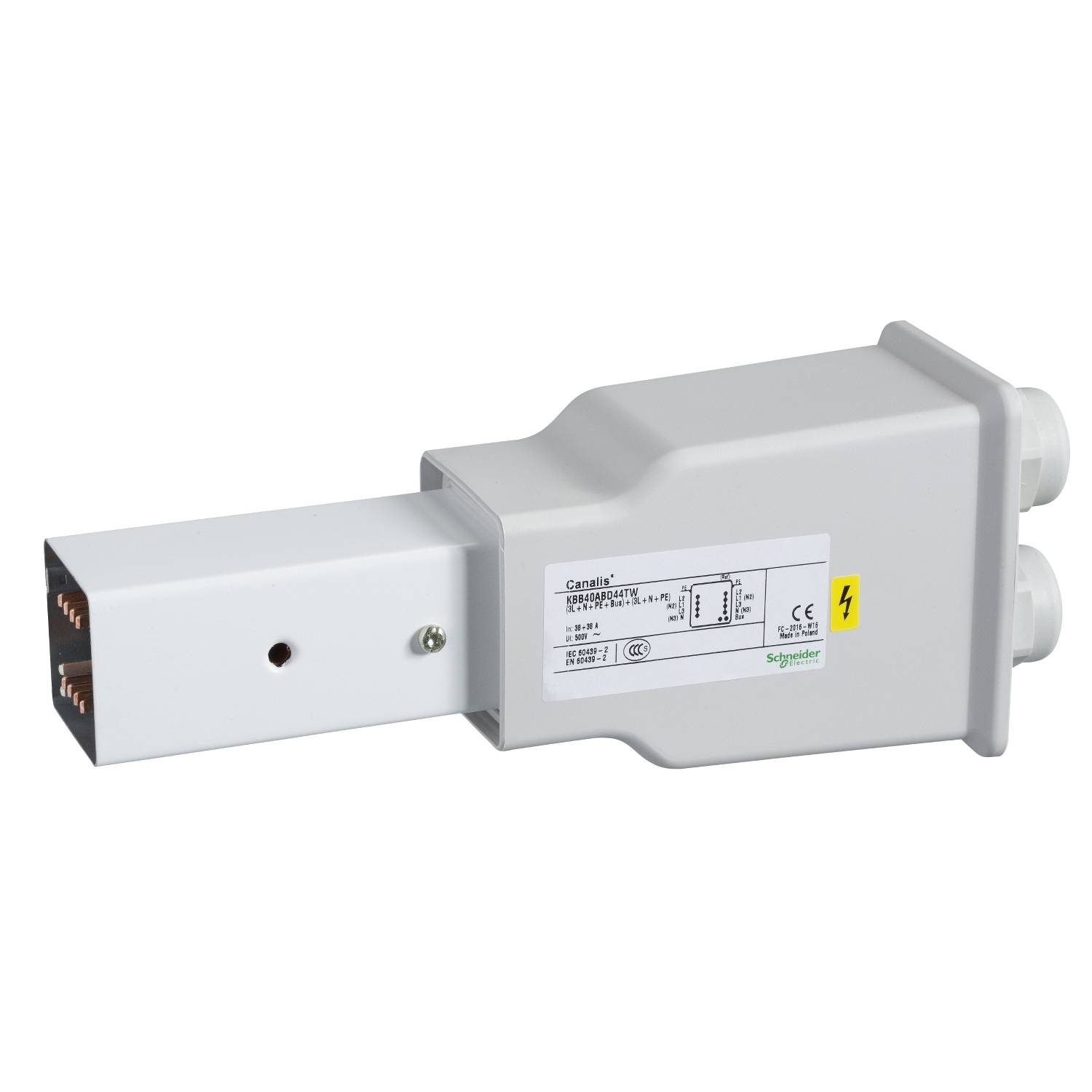 Schneider Electric KBB40ABD44TW KBB ändinmatning 40A, högermontering, 2 nät, 3L+N+PE, Fjärrstyrningsmontering. Ändinmatn