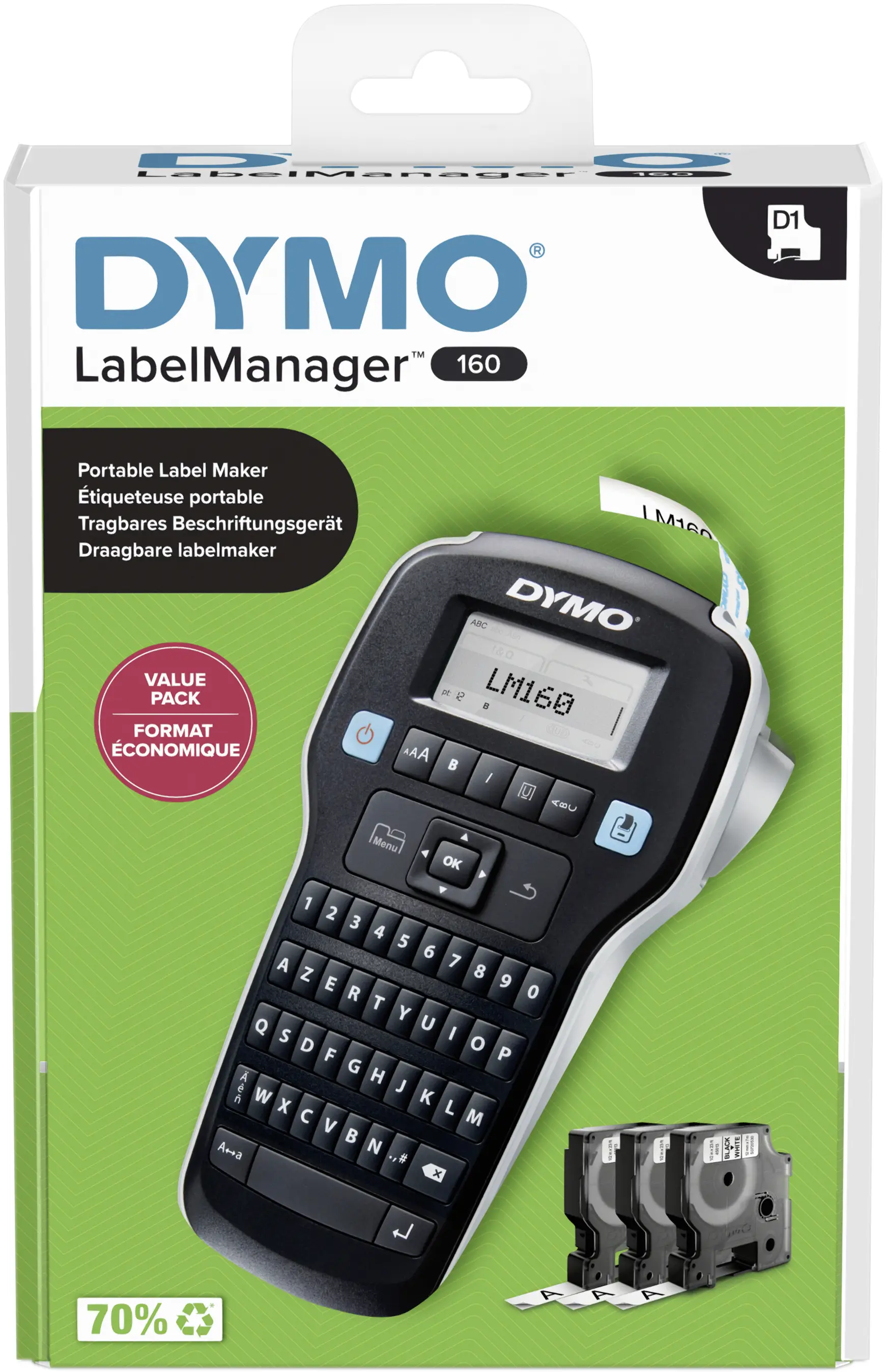 DYMO LabelManager™ 160 ValuePack AZERTY Märkmaskin Lämplig för tejp: D1 6 mm, 9 mm, 12 mm